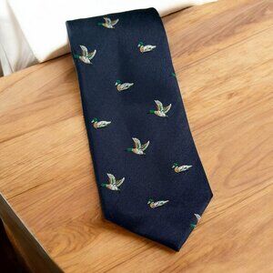 Handmade 100% Silk Men's Tie Deep Navy Blue with M.R. Ducks Mallards